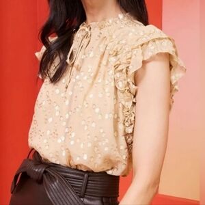 Marie Oliver Silk/ Metallic Gold Embroidered Ruffled Blouse XS Flutter Sleeve